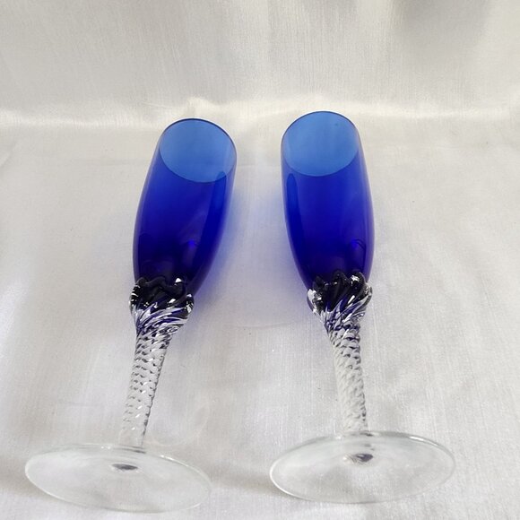 Elegant Blue Crystal Champagne Flutes With Clear Textured Stems Set Of 4 8.5" Ta - Picture 4 of 7